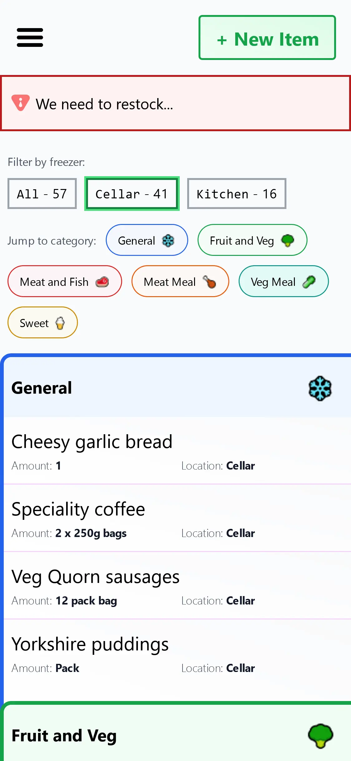 Screenshot of the freezer app