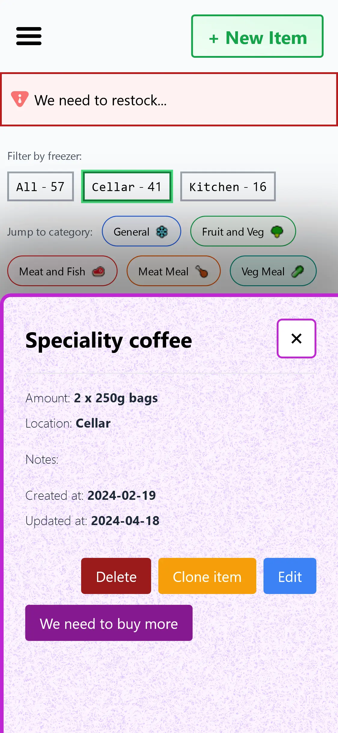 Screenshot of the freezer app